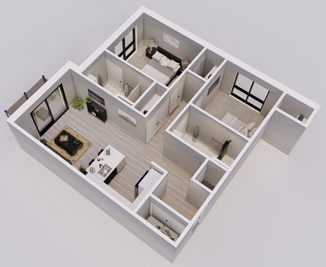 Floor plan for 2 beds, 2 baths, 878 sqft